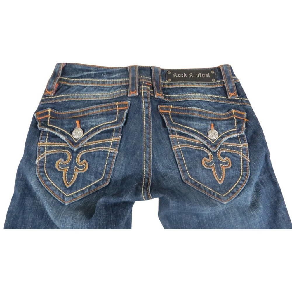 Rock Revival Jeans Women W25 Denim Bootcut Flap Pocket Thick Stitch Fleur De Lis